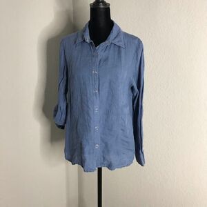 Ellen Tracy Women's Top Shirt Snap 100% Linen Blue Roll Tab Sleeve Size PM